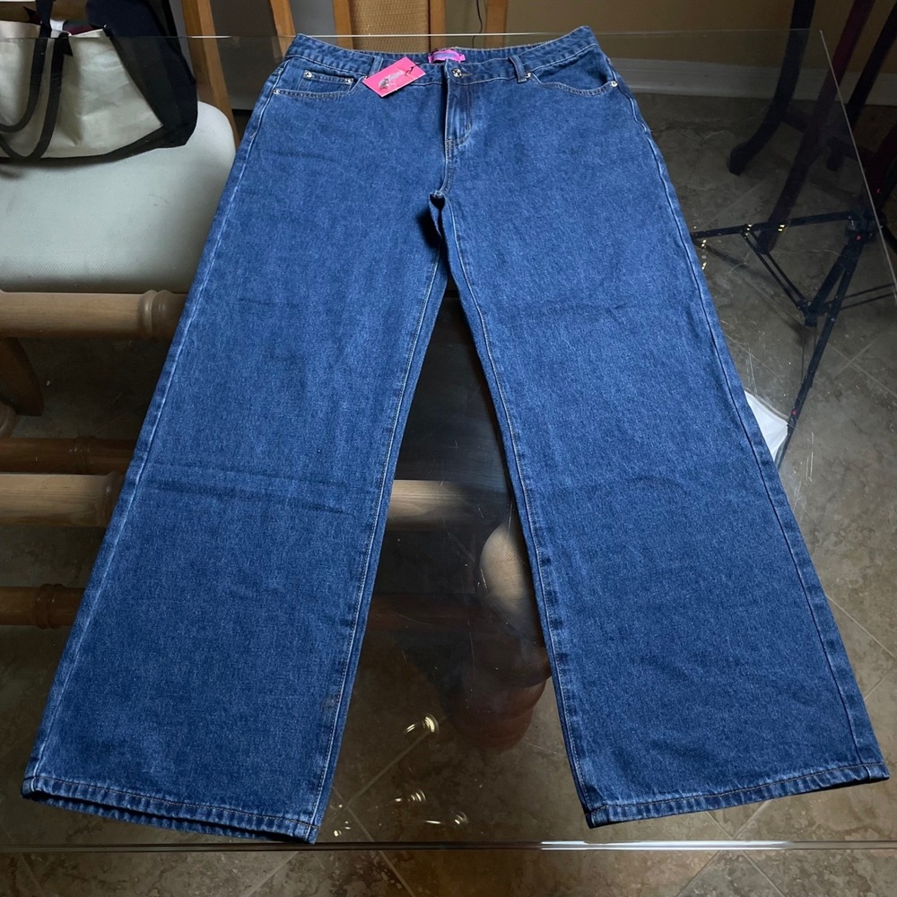 Edikted Wide Leg Jeans Blue Washed Denim High Waist‎ Pockets XL